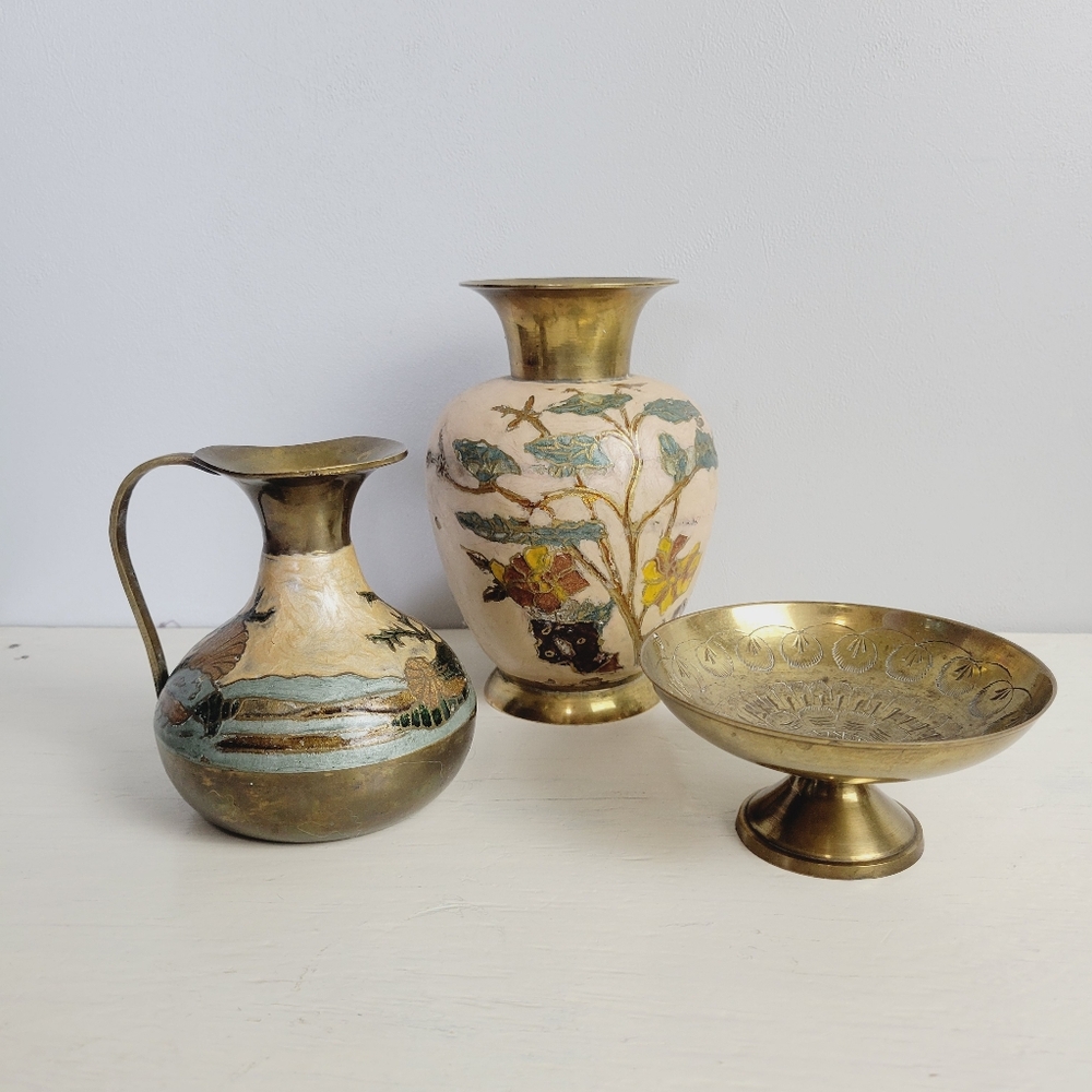 Hand Painted Brass Vessels Set Of 3 Luxford Gift Solid Brass 1970s